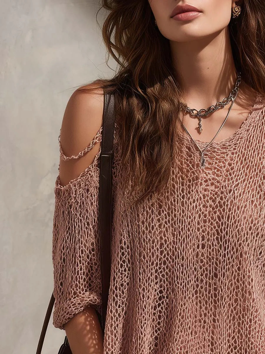 Retro Pink Cold-Shoulder Knitted Blouse
