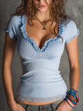Romantic Boho Ribbed Ruffle Neck Fitted Top  ̈C Soft Sky Blue