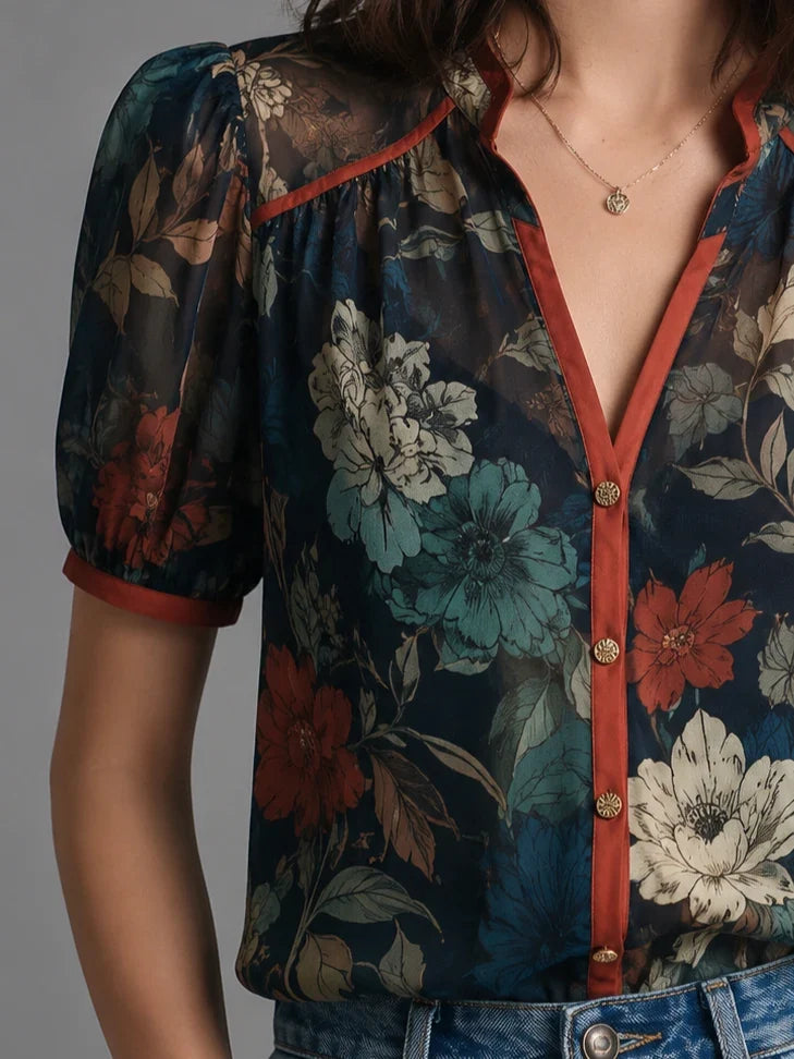 Vintage Botanical Puff Sleeve Blouse
