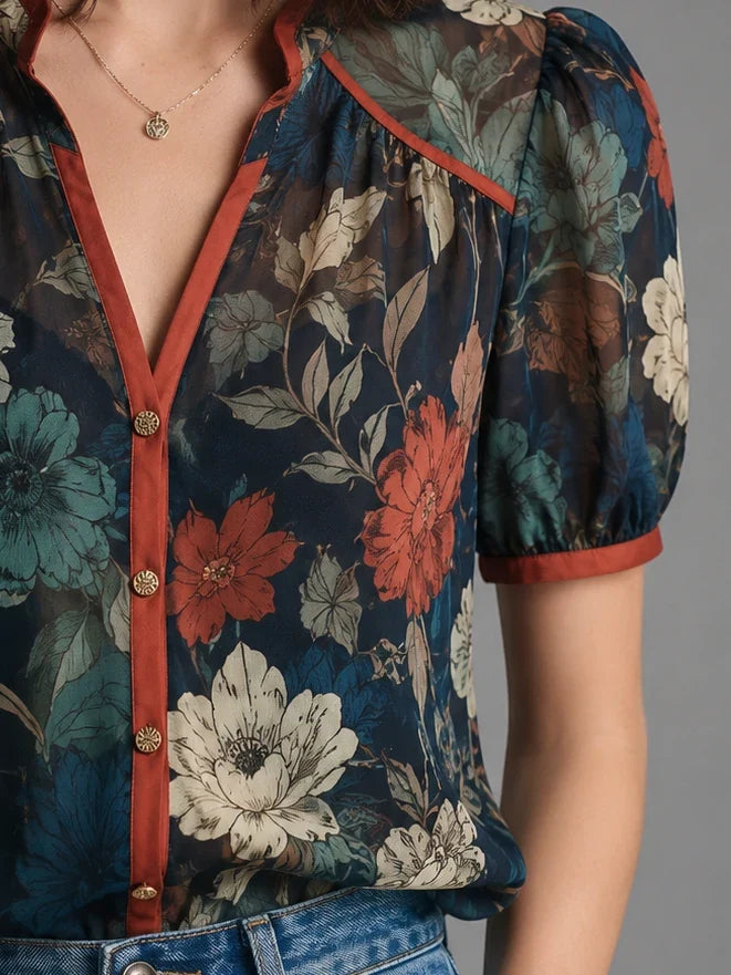 Vintage Botanical Puff Sleeve Blouse