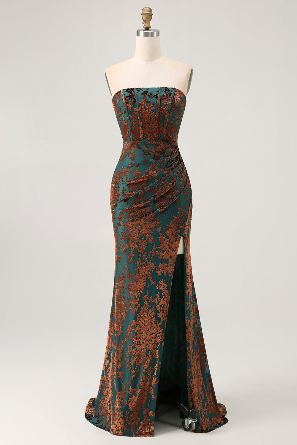 Peacock Green Velvet Mermaid Corset Long Wedding Guest Dress with Slit