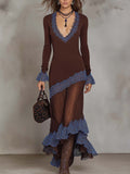 Retro Sheer Pleated Hem Lace Trim Midi Dress