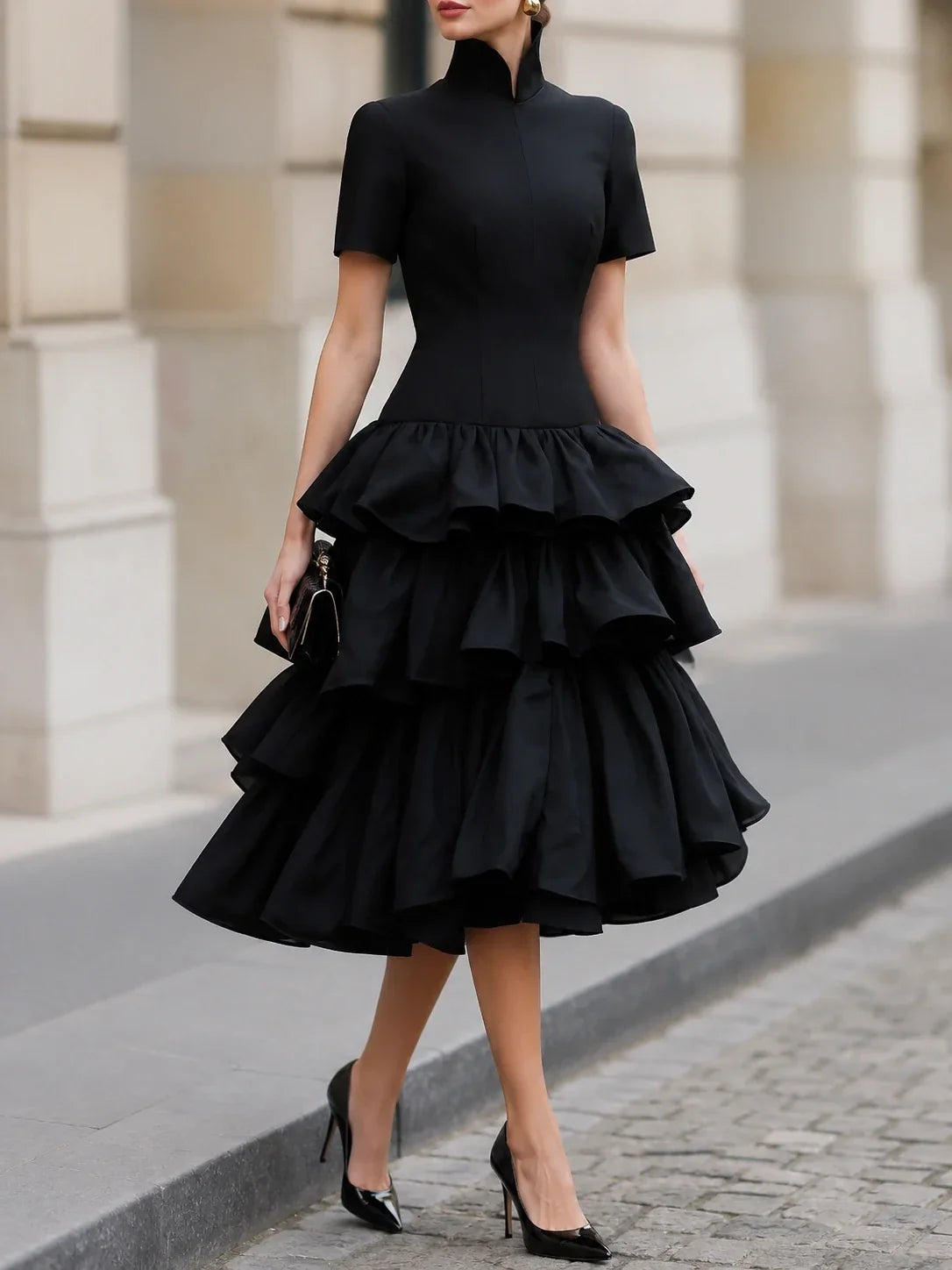 High Neck Tiered Ruffle Midi Dress