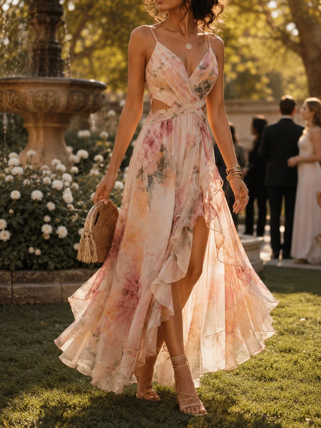 Blush Watercolor Floral Cutout Ruffle Maxi Dress