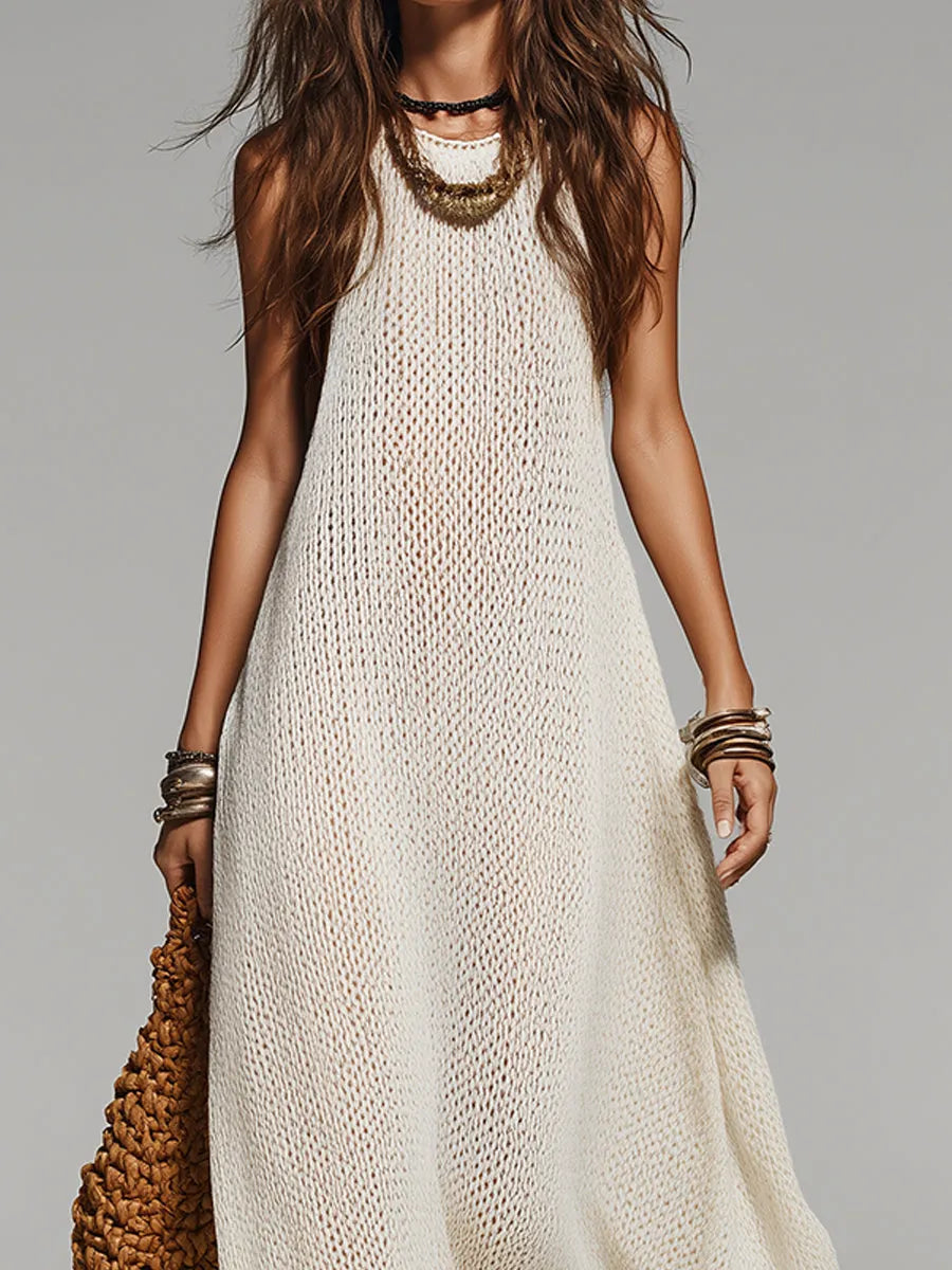 Boho Round Neck Sleeveless Knitted Maxi Dress