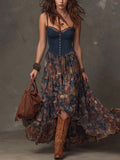 Retro Polyester Suede Oil-Painting Style Floral Print Maxi Dress
