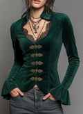 Emerald Velvet Lace Trim Victorian Style Blouse