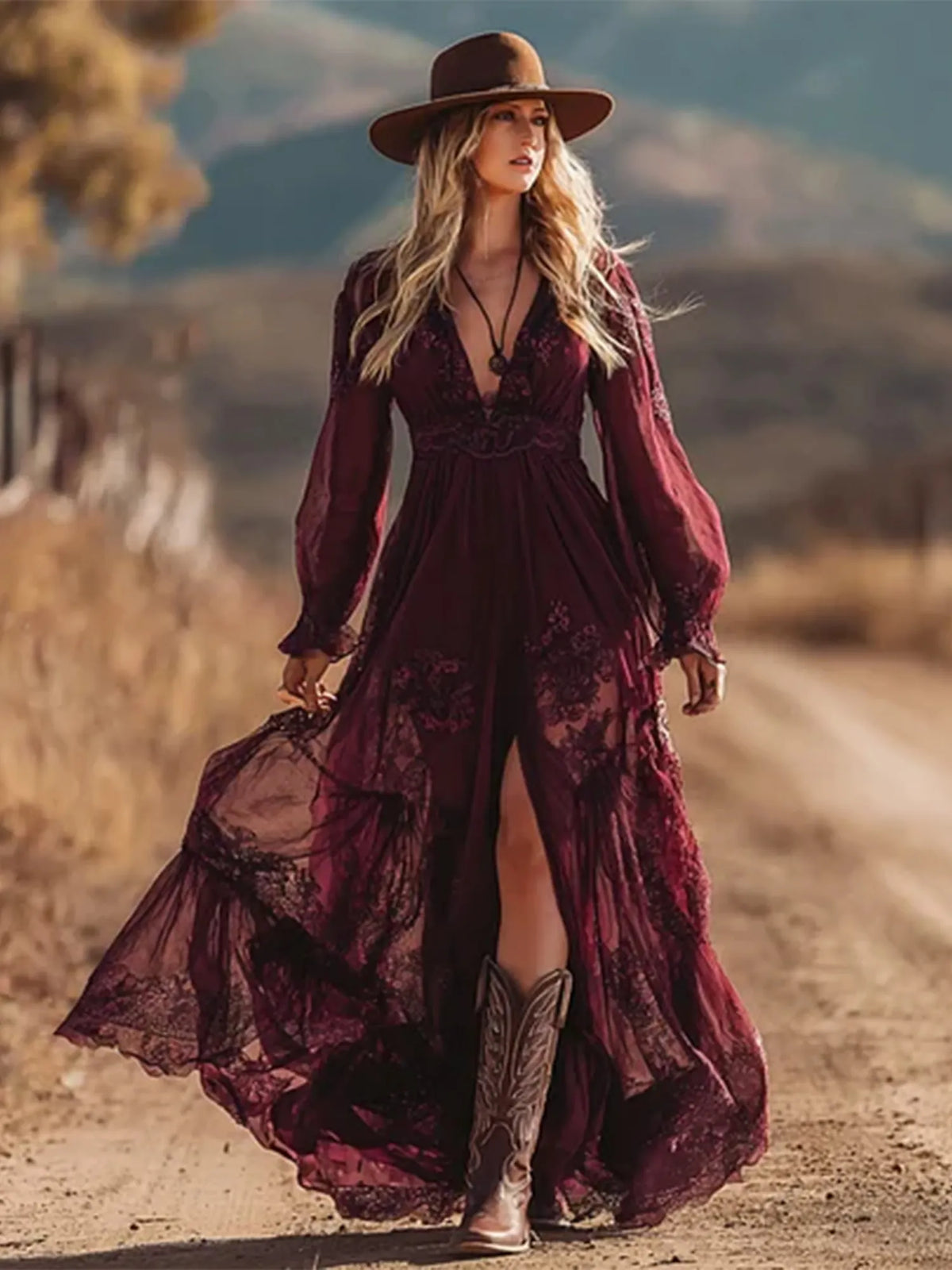Ideal For Western Wedding Or Road Trip — Burgundy Embroidered Lace V-Neck Chiffon Boho Long Sleeve Maxi Dress
