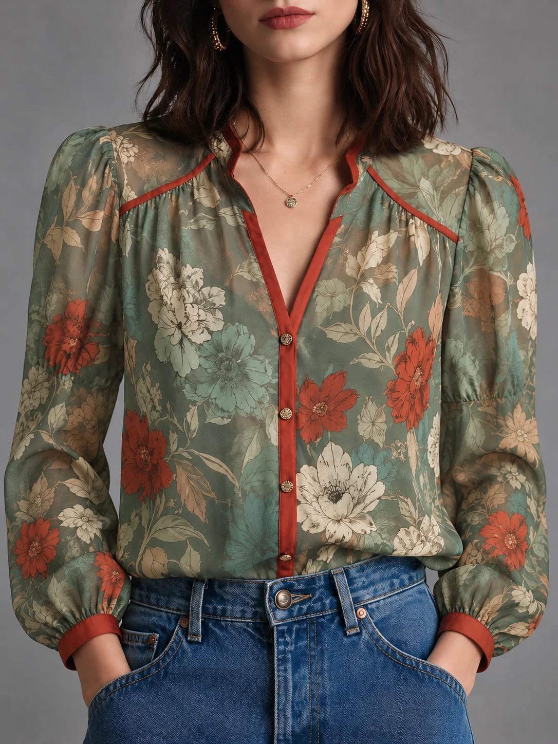 Vintage Botanical Puff Sleeve Blouse