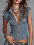 Vintage Ruffle-Trim Pure-Cotton Denim Zip Top