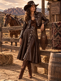 Brown Faux Leather Western Jacket and Skirt Set