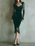 Elegant Green Velvet Long Sleeve Lace Midi Dress