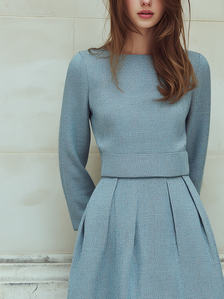 Vintage Tweed Long-Sleeved Midi Dress