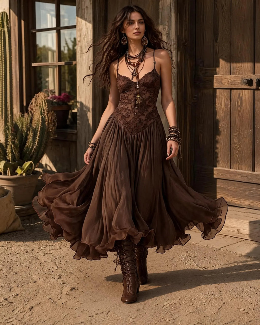Dark Brown Lace And Chiffon Corset Maxi Dress