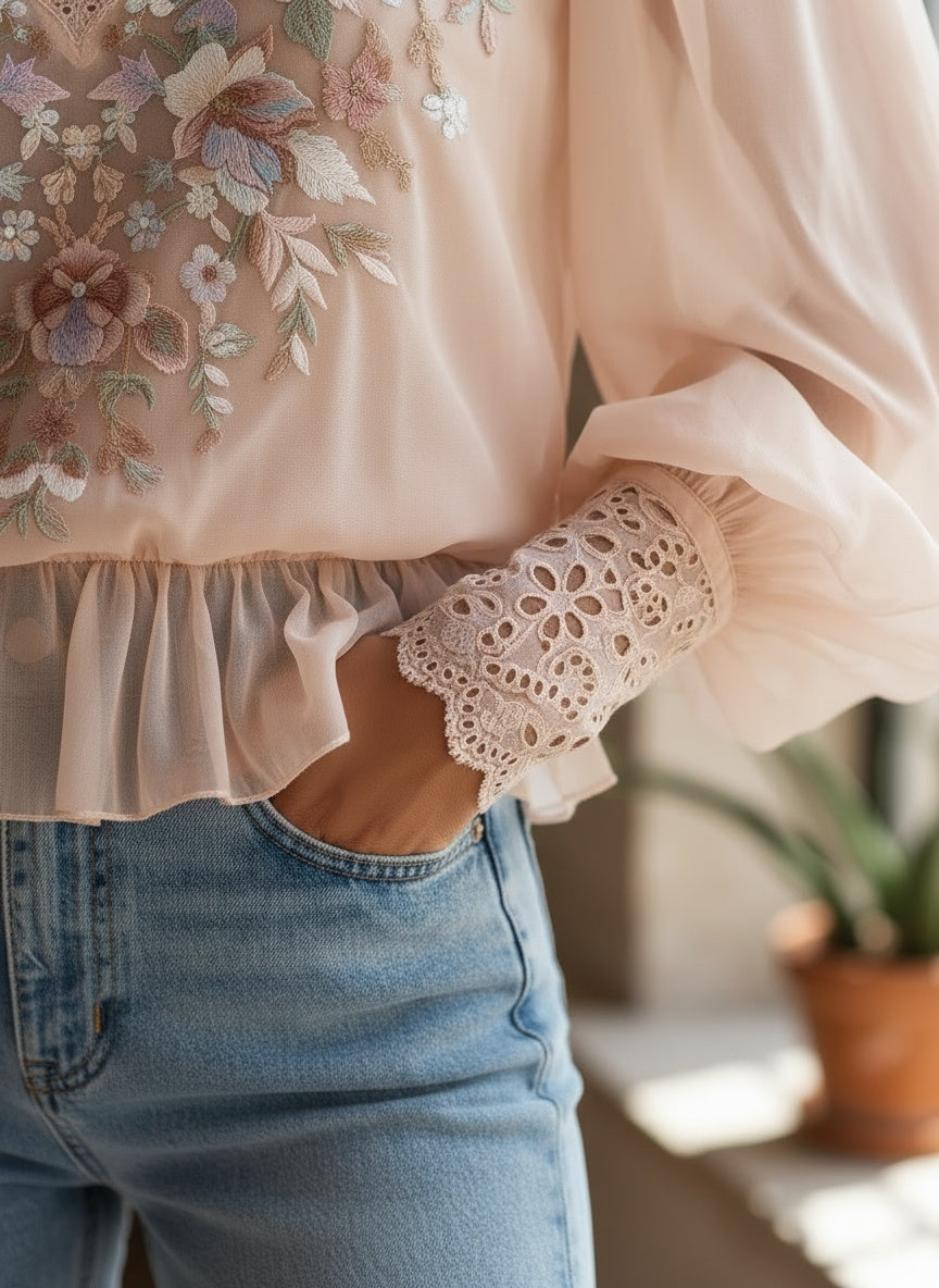 Elegant Embroidered V-Neck Chiffon Blouse with Lace Trim