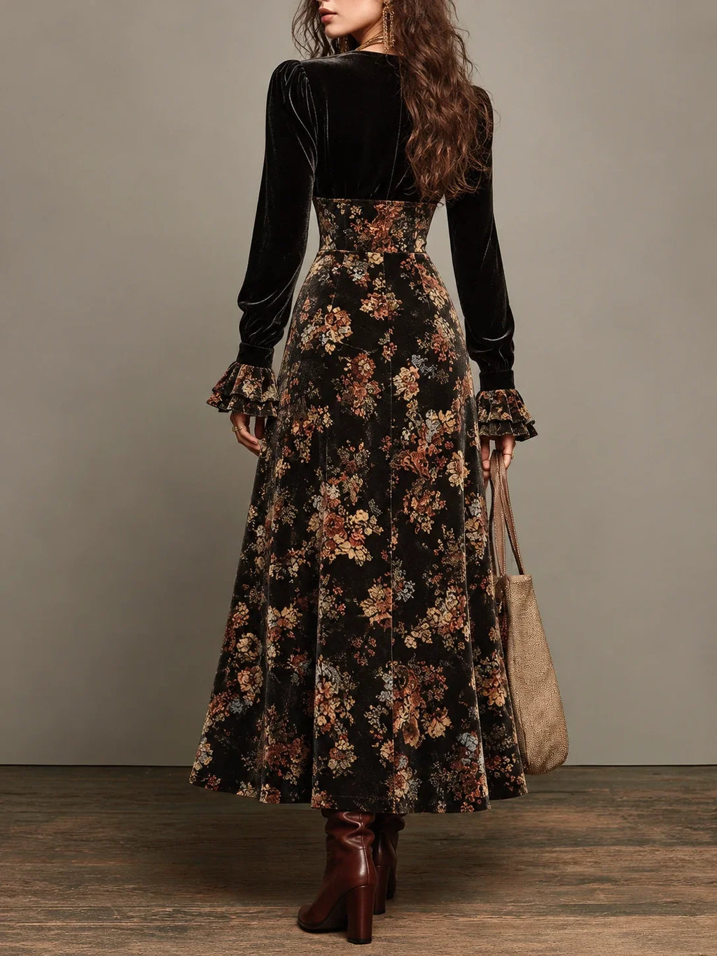 Elegant Black Velvet Floral Panel Maxi Dress