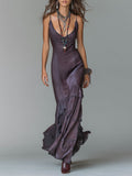 Elegant Pearlescent Satin Ruffle Strap Maxi Dress