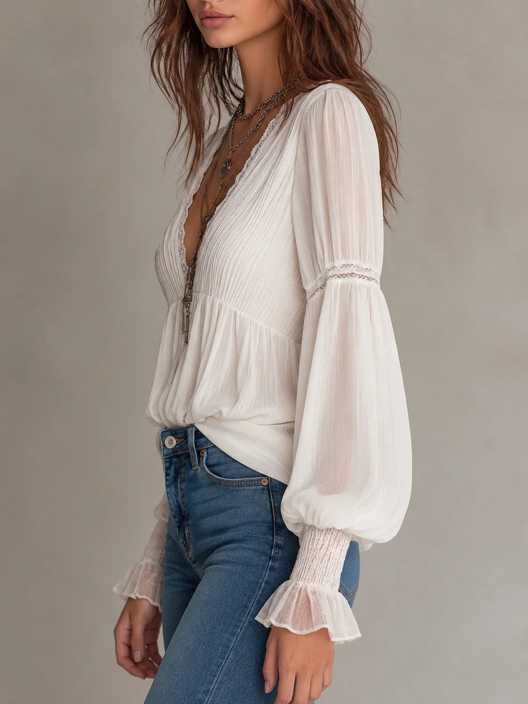 Retro Pleated-Chest Lace Trim Chiffon Blouse
