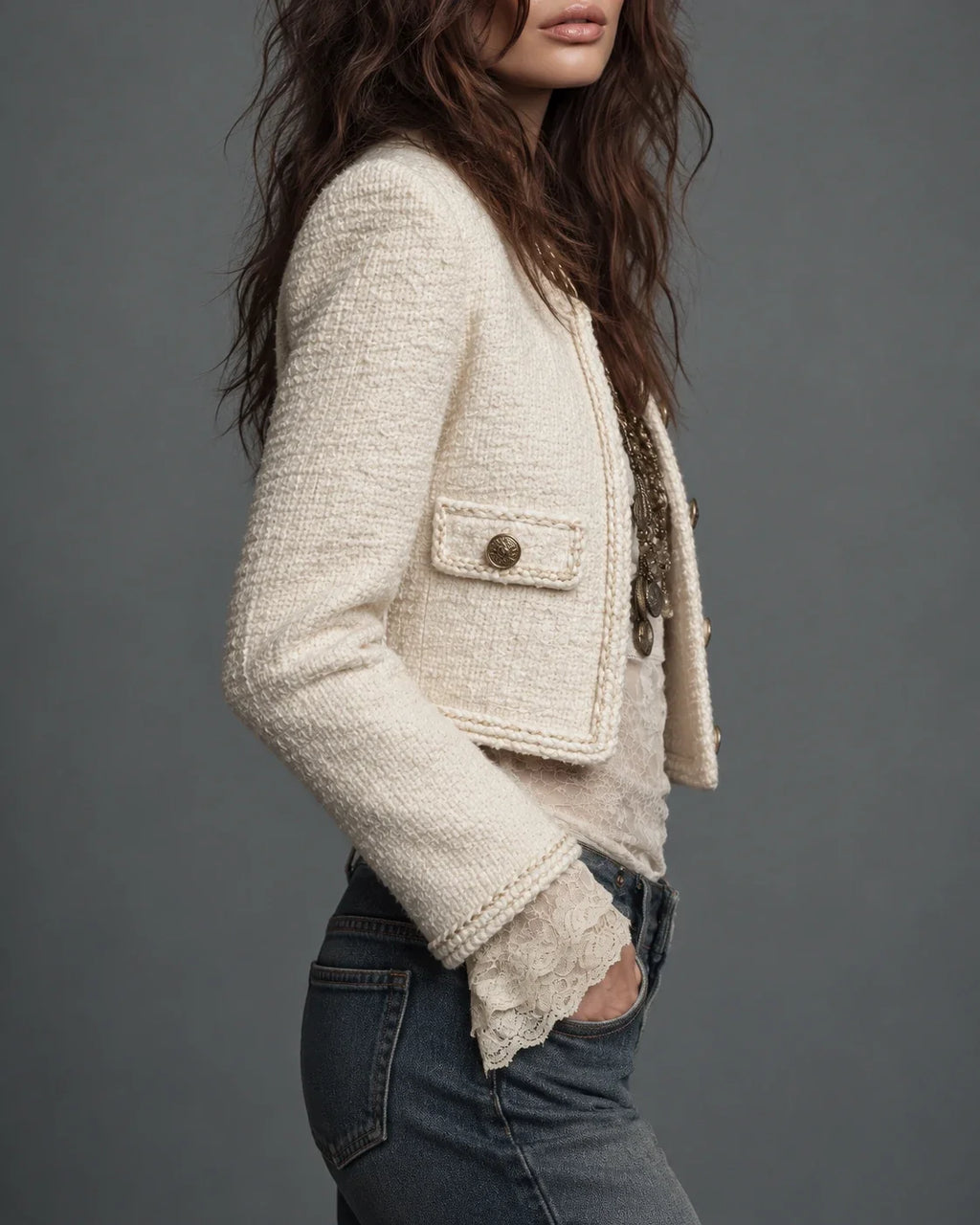 Ivory Textured Tweed Jacket