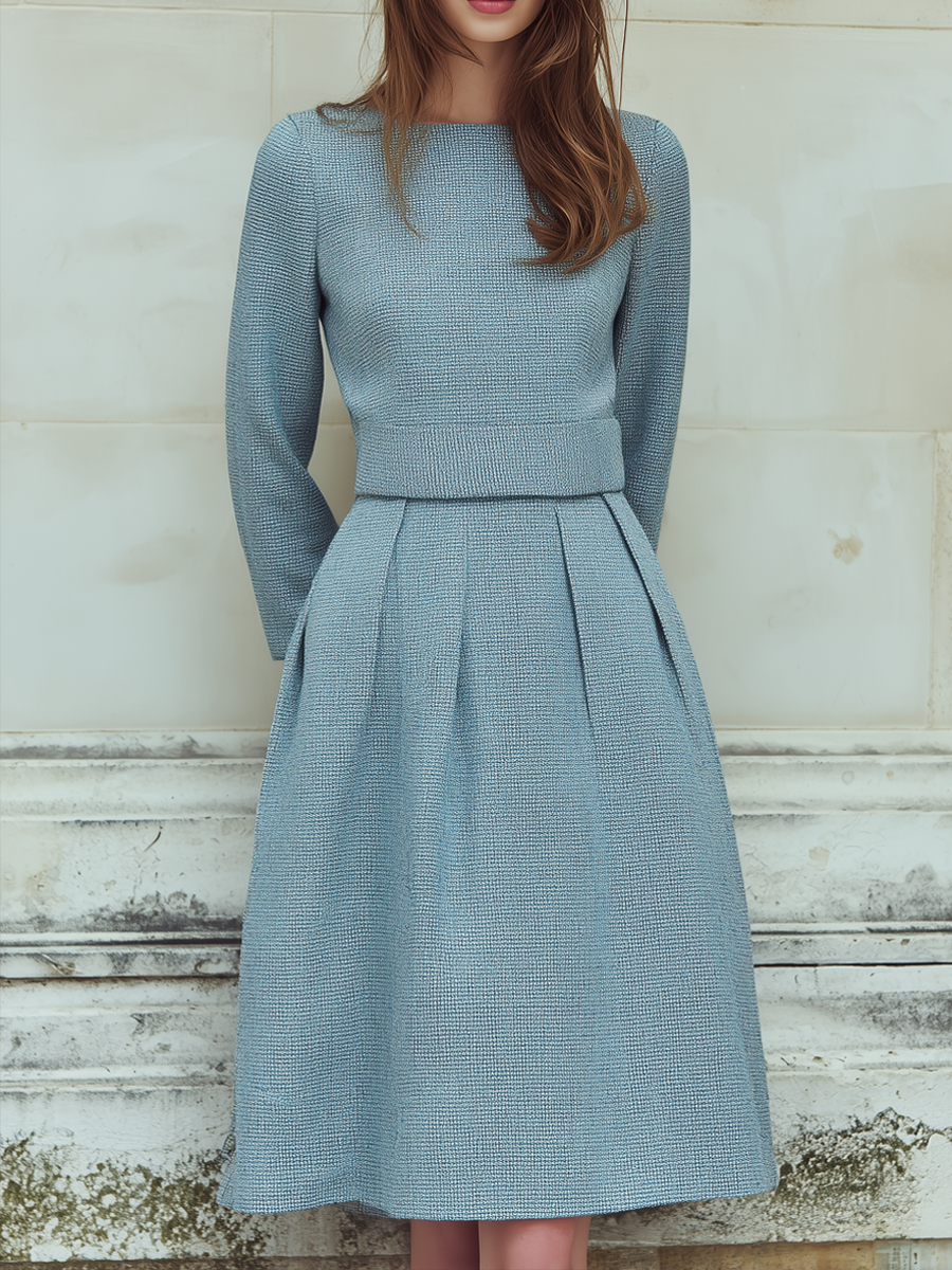 Vintage Tweed Long-Sleeved Midi Dress