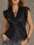 Black Satin Lace-Up Deep V Ruffle Shoulder Sleeveless Top
