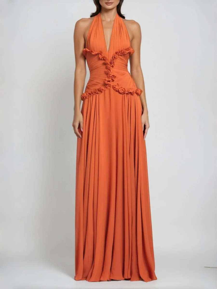 Island resort style halter neck V-neck backless fitted waist beach maxi dress