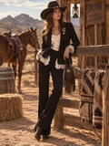 Black Lace Trim Western Pants Set