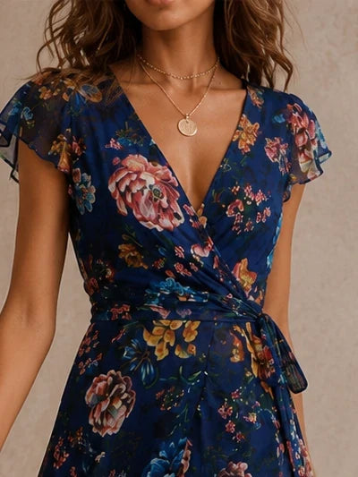 Navy Botanical Floral Wrap Midi Dress