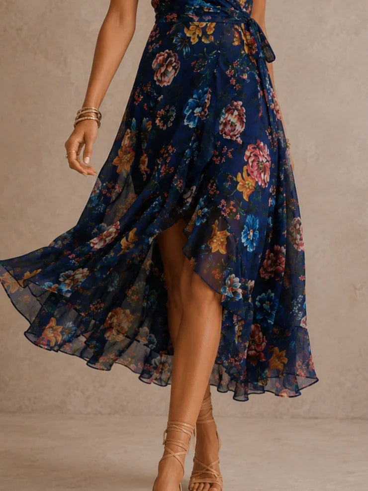 Navy Botanical Floral Wrap Midi Dress