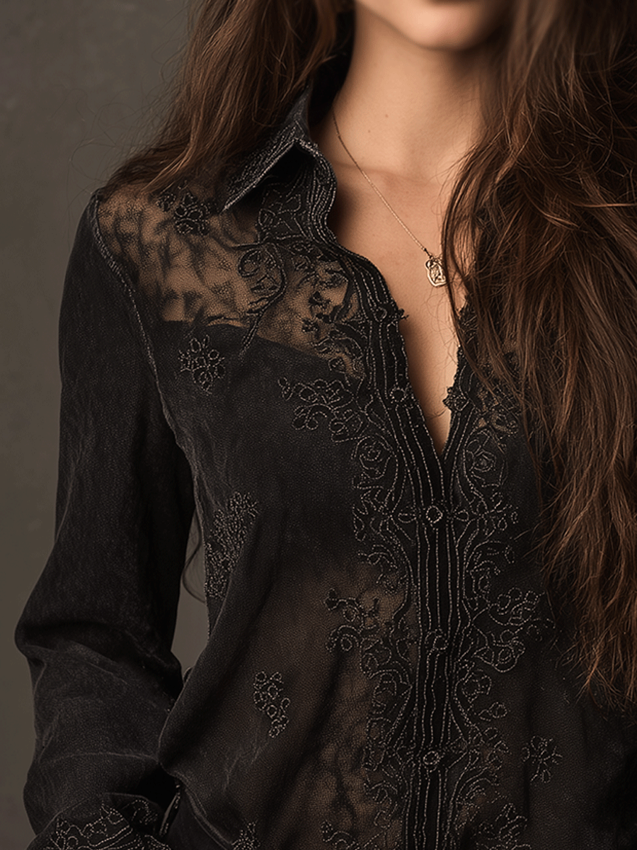 Gothic Black See-Through Embroidered Lace Chiffon Shirt