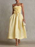 Yellow Strapless Floral Applique Midi Dress
