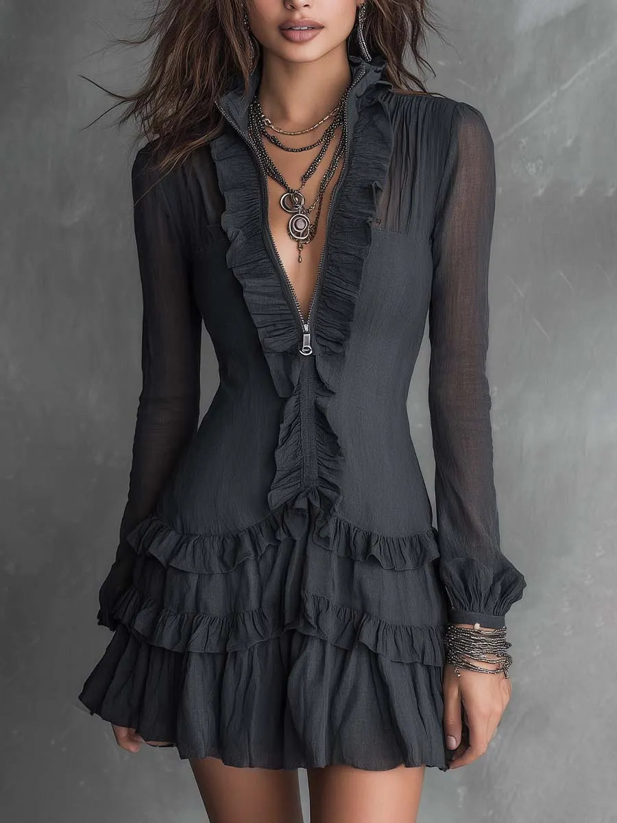 Boho Zip Front Ruffle Trim Sheer Long Sleeve Tiered Mini Dress