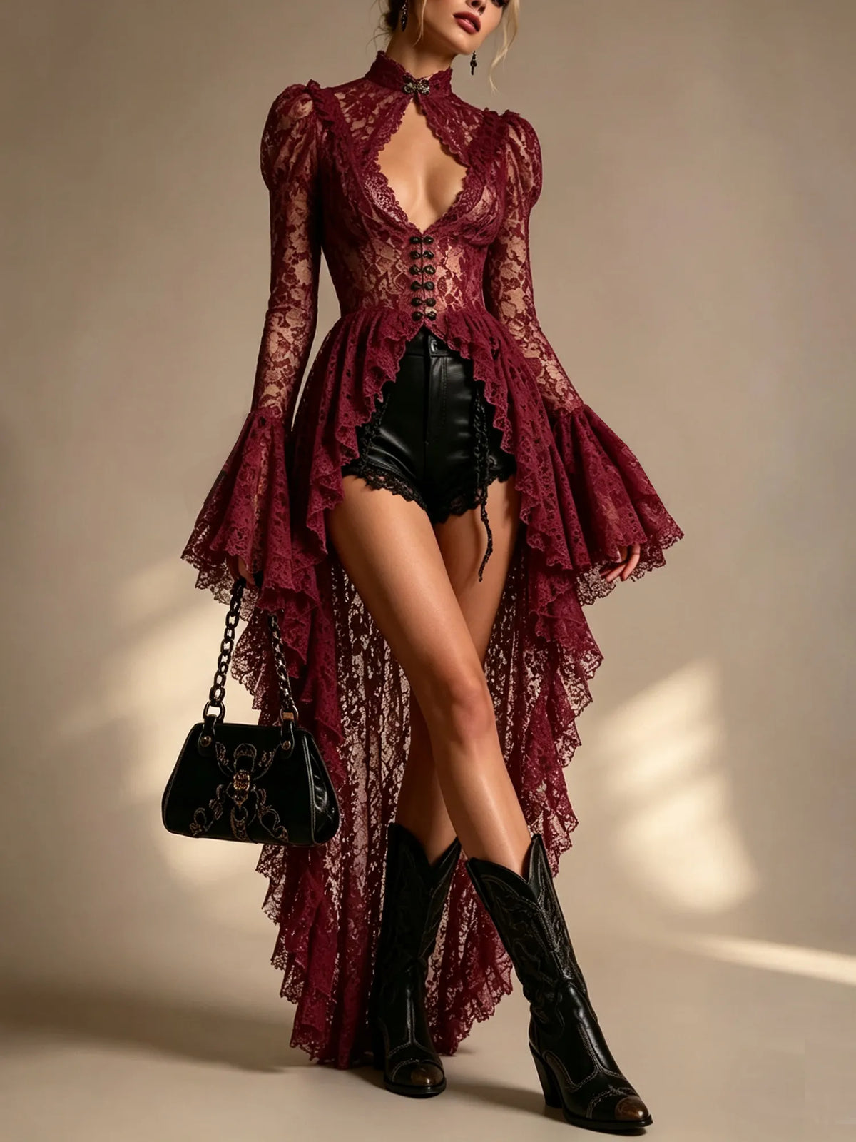 Renaissance Floral Lace High-Low Dress with Bell Sleeves