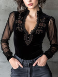 Floral Embroidery Velvet Sheer Sleeve Top With Lace Trim