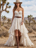 Strapless Waist Belt Multi Tier Lace High Low Western Maxi Dress