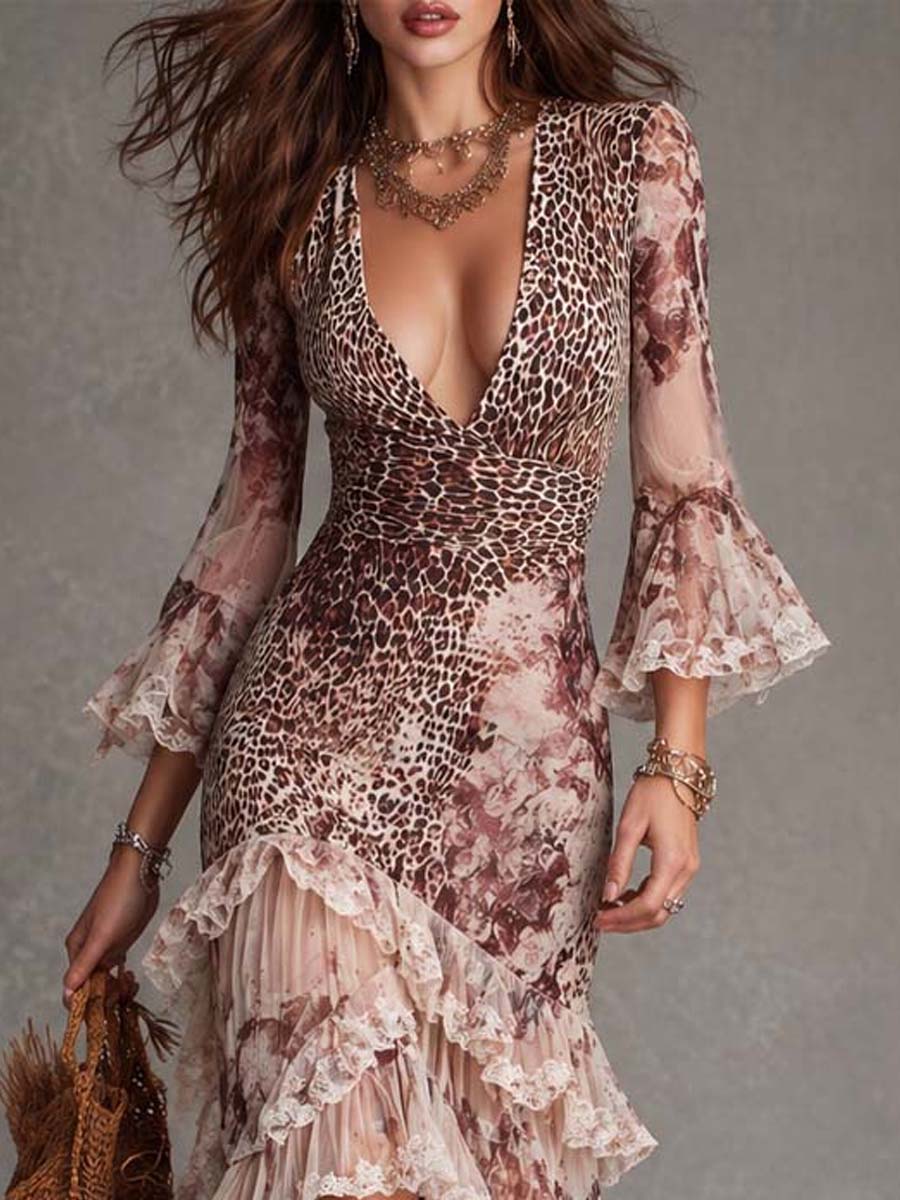 Leopard And Floral Print Lace Trim Mermaid Maxi Dress
