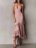 Elegant Blush Pink Lace-Trim Tiered Ruffle Hem Satin Midi Slip Dress