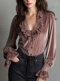 Dusty Rose Velvet Ruffle Blouse With Lace Trim