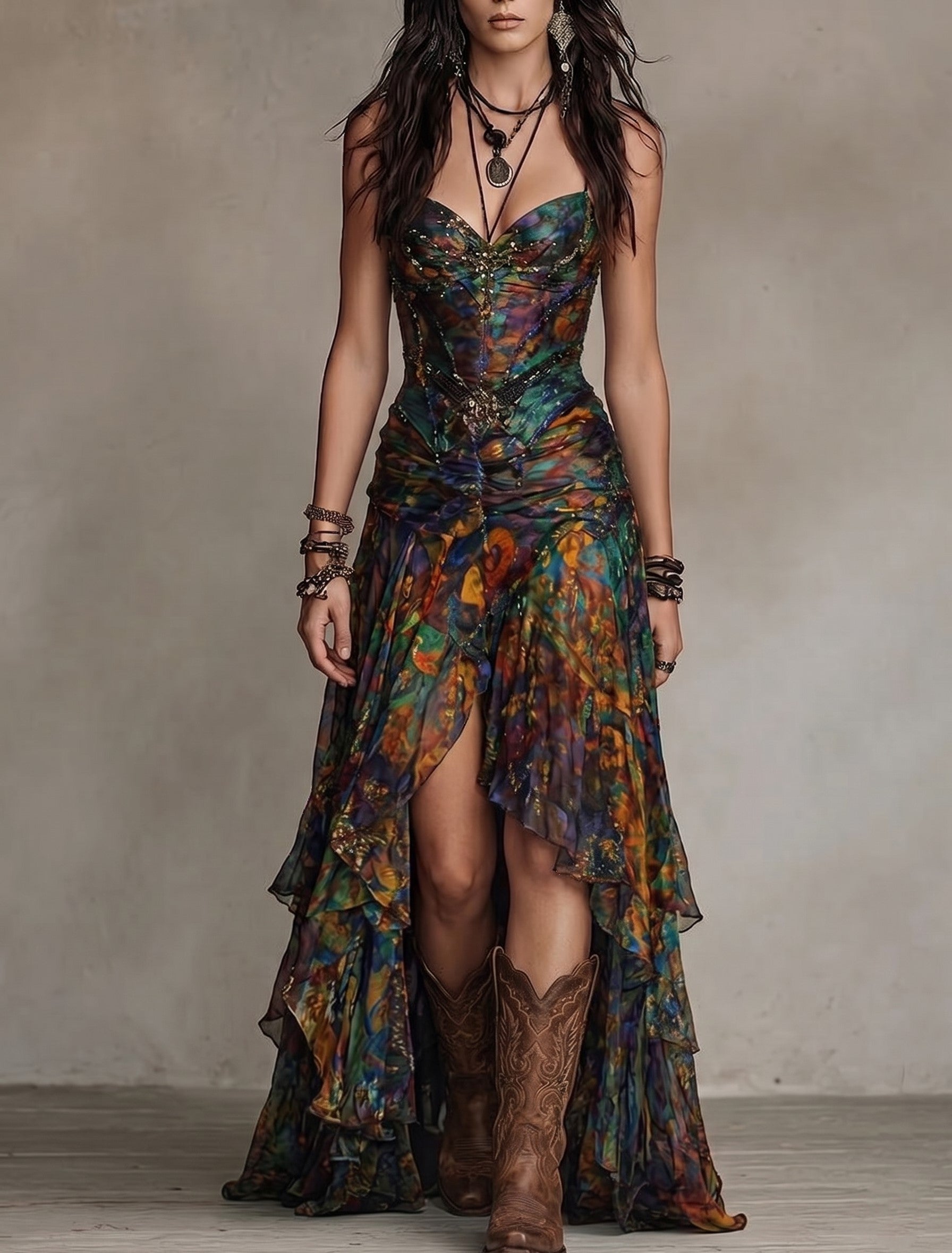Vintage Tie-dye Print Beaded Corset High Slit Ruffle Maxi Dress