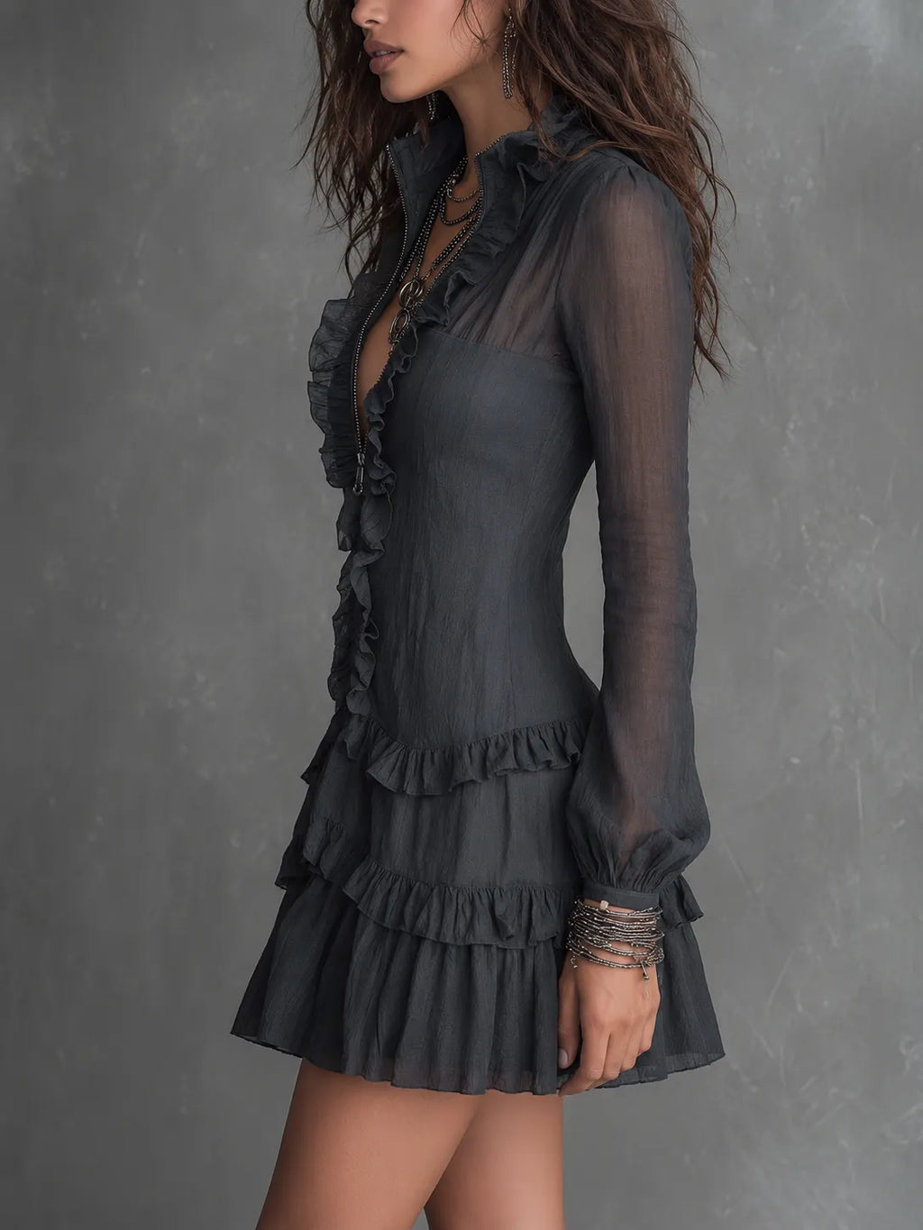 Boho Zip Front Ruffle Trim Sheer Long Sleeve Tiered Mini Dress