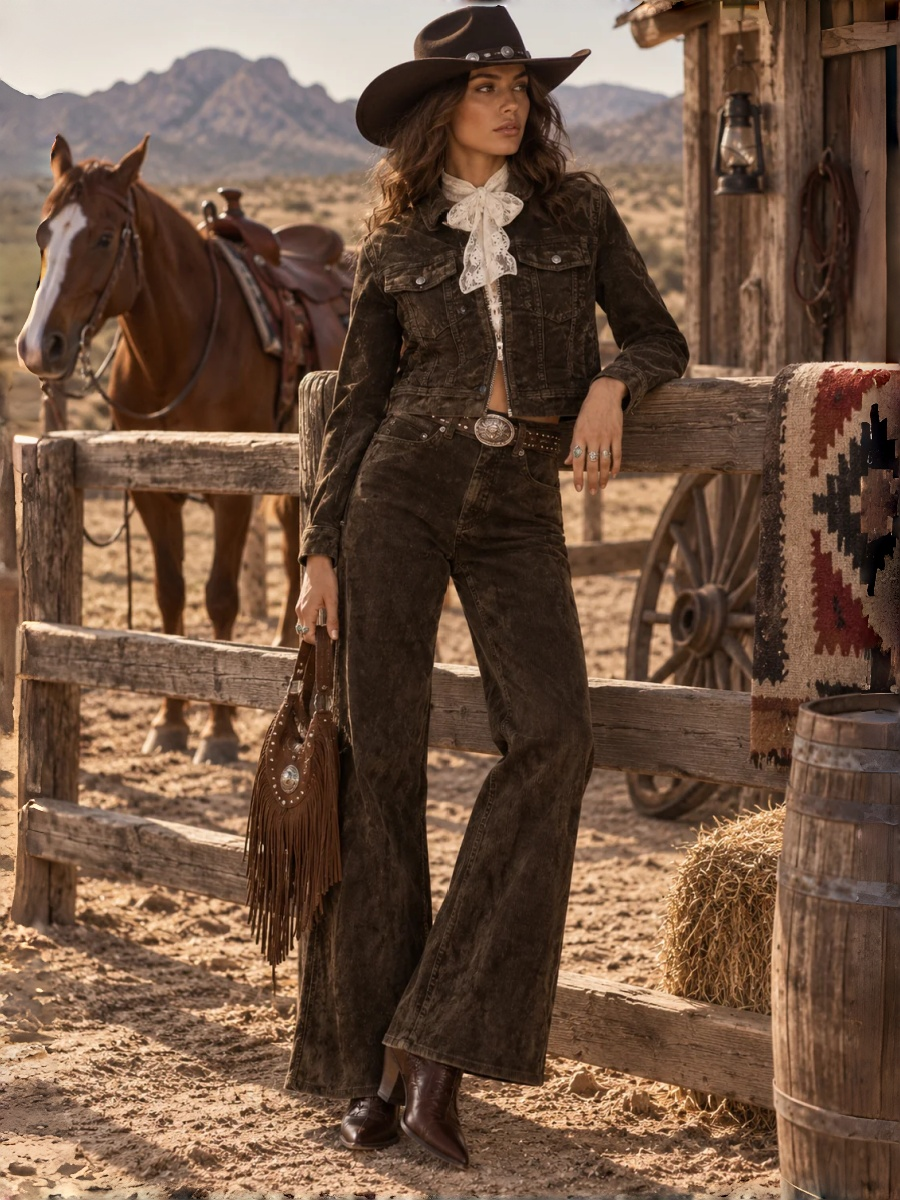 Brown Denim Western Jacket and Pants Set