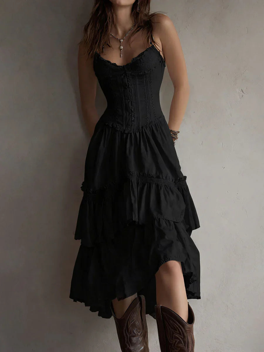 Retro Boho White Corset Tiered Midi Dress With Lace-Trim