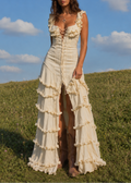 Cream Ruffle Sleeveless Lace-Up Corset Asymmetric Tiered Ruffle Maxi Dress