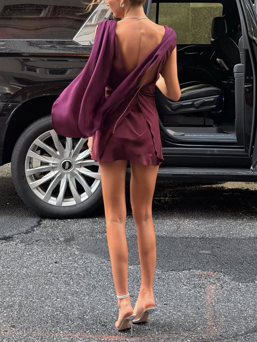 Burgundy Satin Plunge V-Neck Draped Wrap Asymmetric Mini Dress
