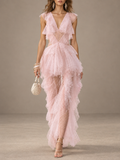 Pink Sheer Ruffle Tiered Maxi Dress