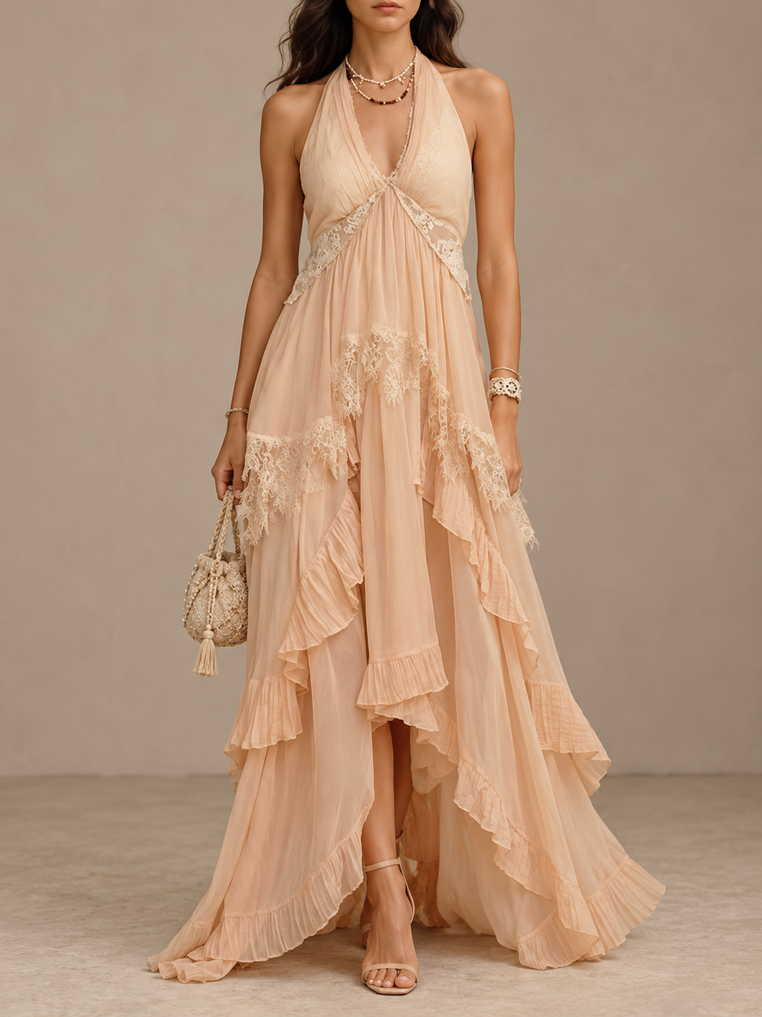 Peach Lace Ruffle Tiered Maxi Dress