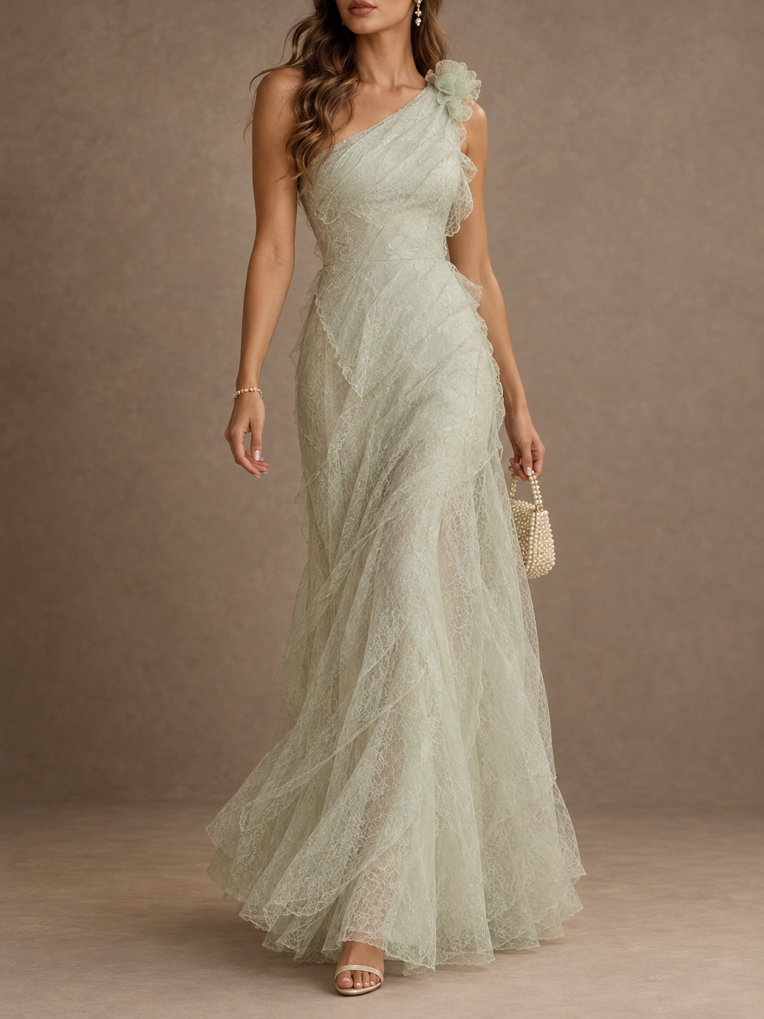 Sage Green Sheer Ruffle Maxi Dress