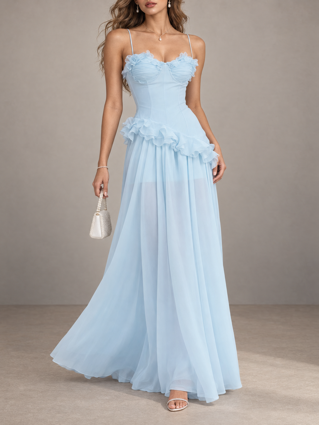 LightBlue Ruffle Bodice Sheer Maxi Dress