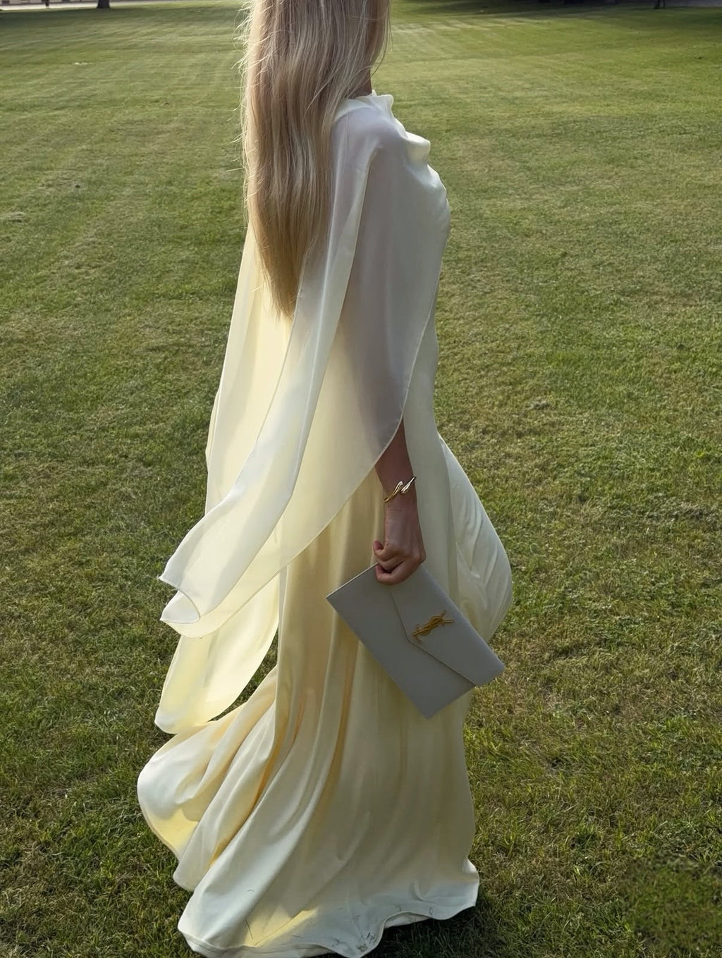 Cape Sleeve Satin Evening Gown