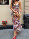 Multicolor Stripe Cowl Neck Sleeveless Maxi Dress